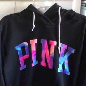 Black with tye dye lettering vs pink hoodie
